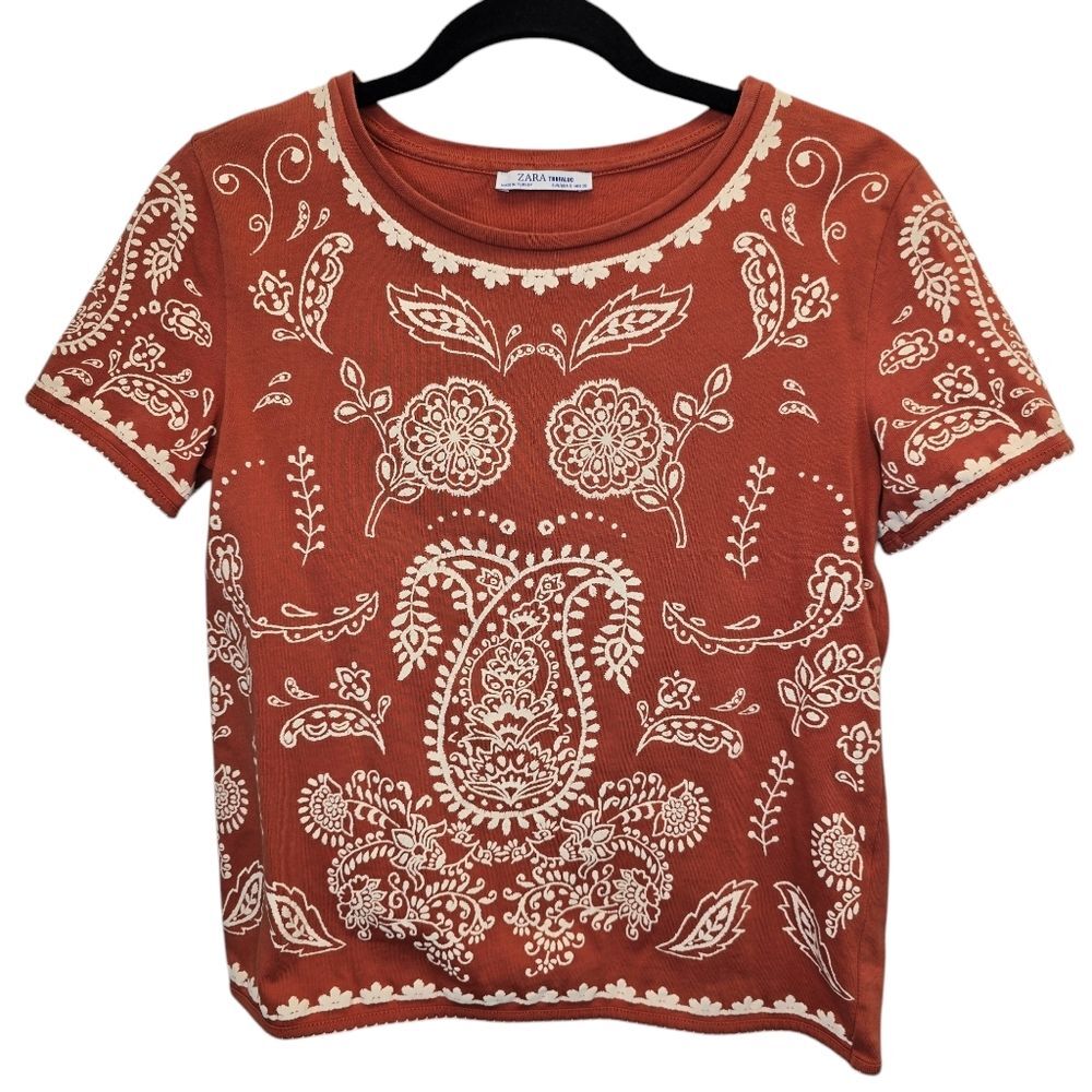Zara Trafaluc Women's S Paisley Pattern Short Sleeve Crewneck Top Rust Cream